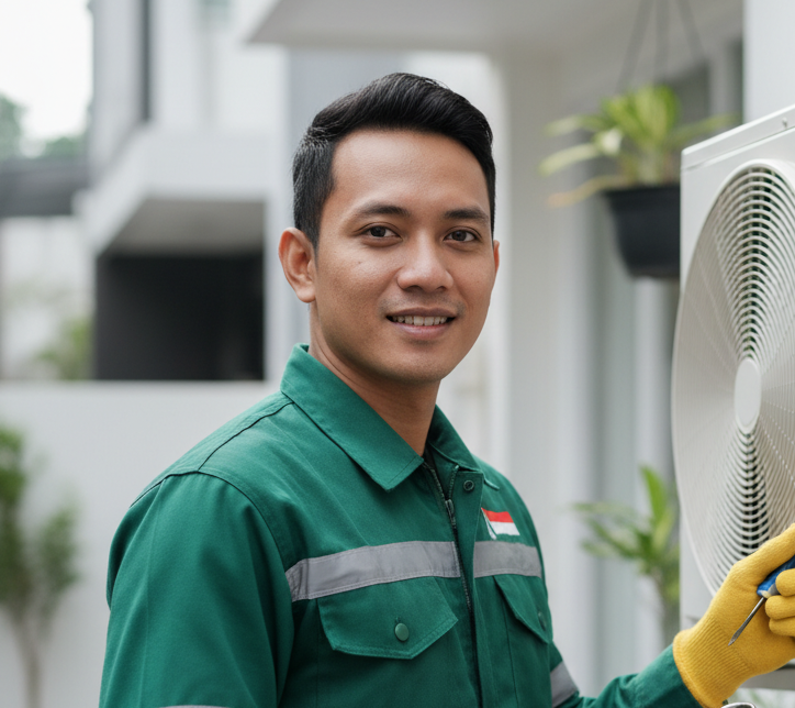 teknisi acnusacare melihat ke kemera