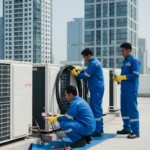 Teknisi ACnusacare memperbaiki AC outdoor di atas gedung dengan standar keselamatan