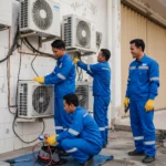 Tim teknisi ACnusacare sedang melakukan pemasangan AC secara profesional