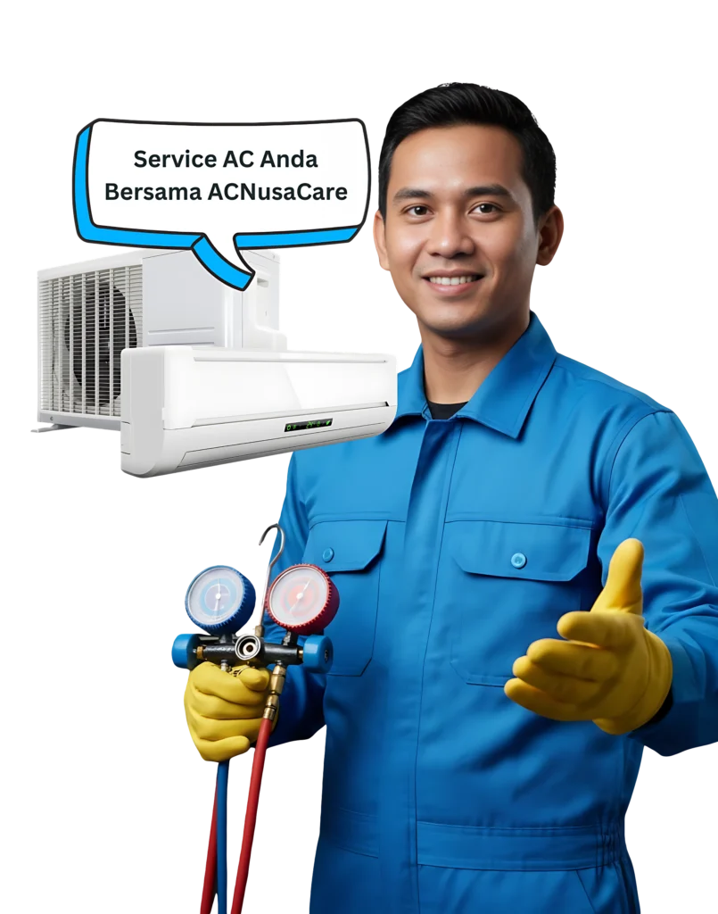 Teknisi AC ACnusacare melambai mengajak pelanggan untuk service AC profesional