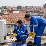 Teknisi ACnusacare memeriksa kerusakan AC bersama tim sebelum proses perbaikan