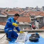 Teknisi ACnusacare sedang mencuci AC untuk perawatan dan menjaga performa pendinginan