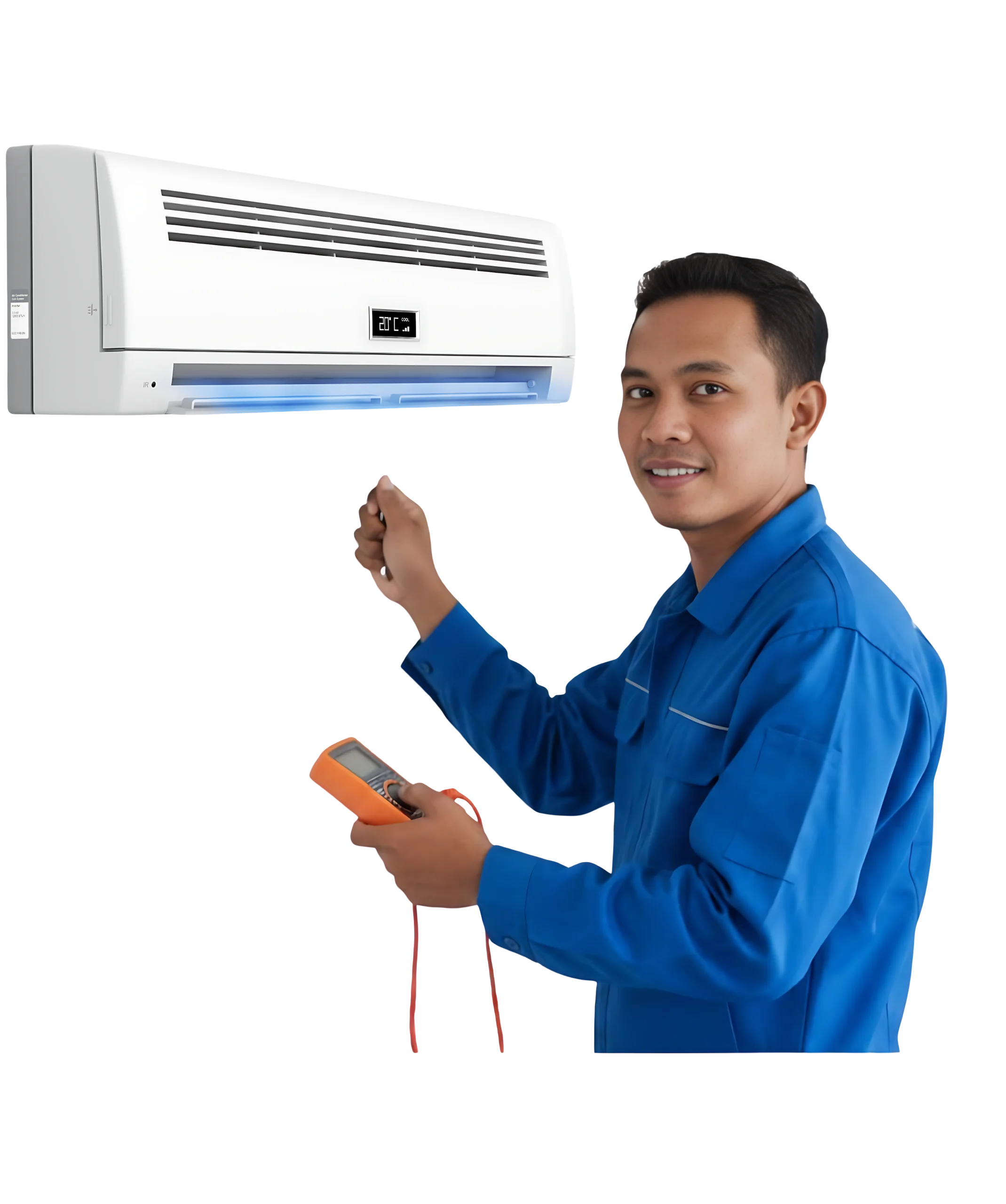 Teknisi ACnusacare tersenyum saat melakukan perbaikan AC